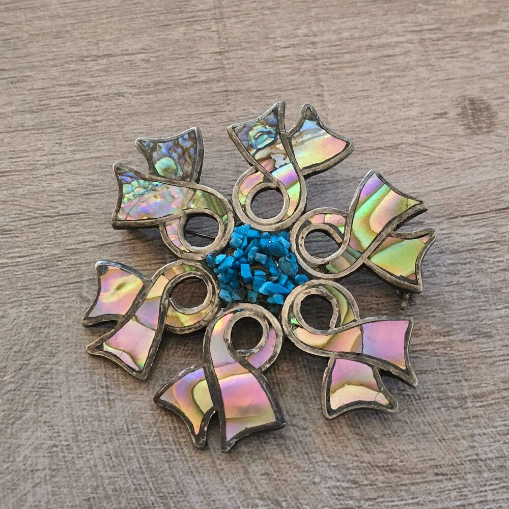 MEXICO 925 Silver Vintage Abalone Shell Ribbons Flower Brooch Pin